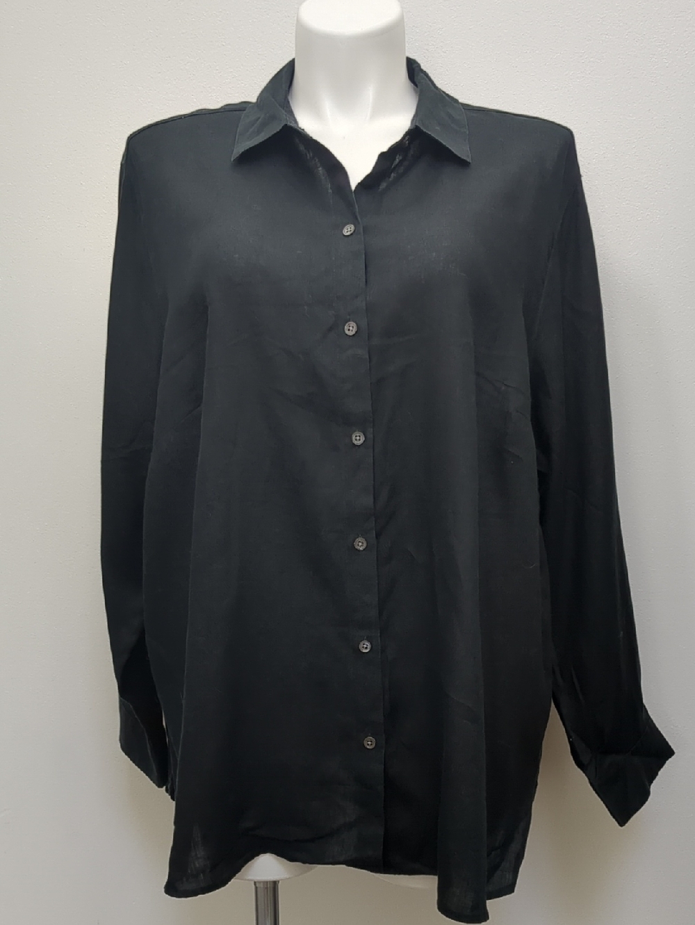 J. Jill Black Linen Button Front Blouse Long Sleeve Relaxed Fit Top